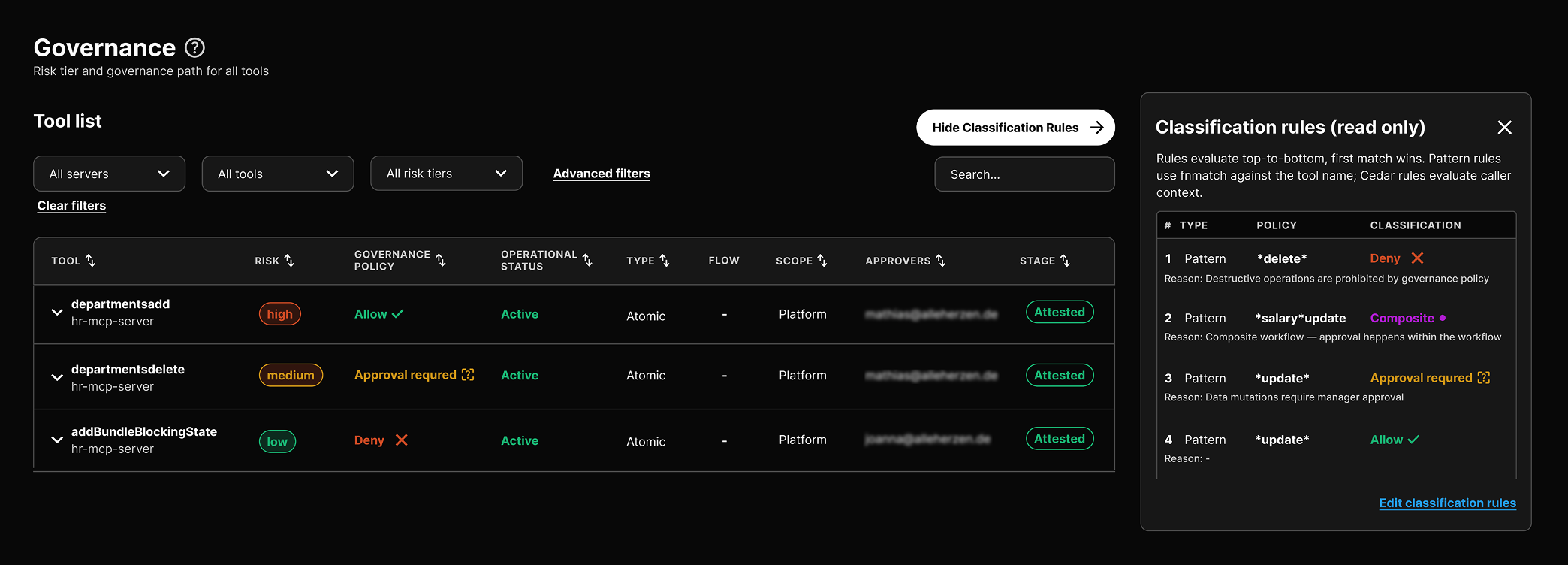 COLOSSOS® governance view showing risk tiers, governance policies, and classification rules for governed tools.