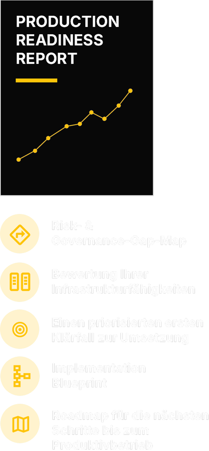 Production Readiness Report covering governance, risk and infrastructure assessment, a prioritized first case, implementation blueprint, and roadmap to production.